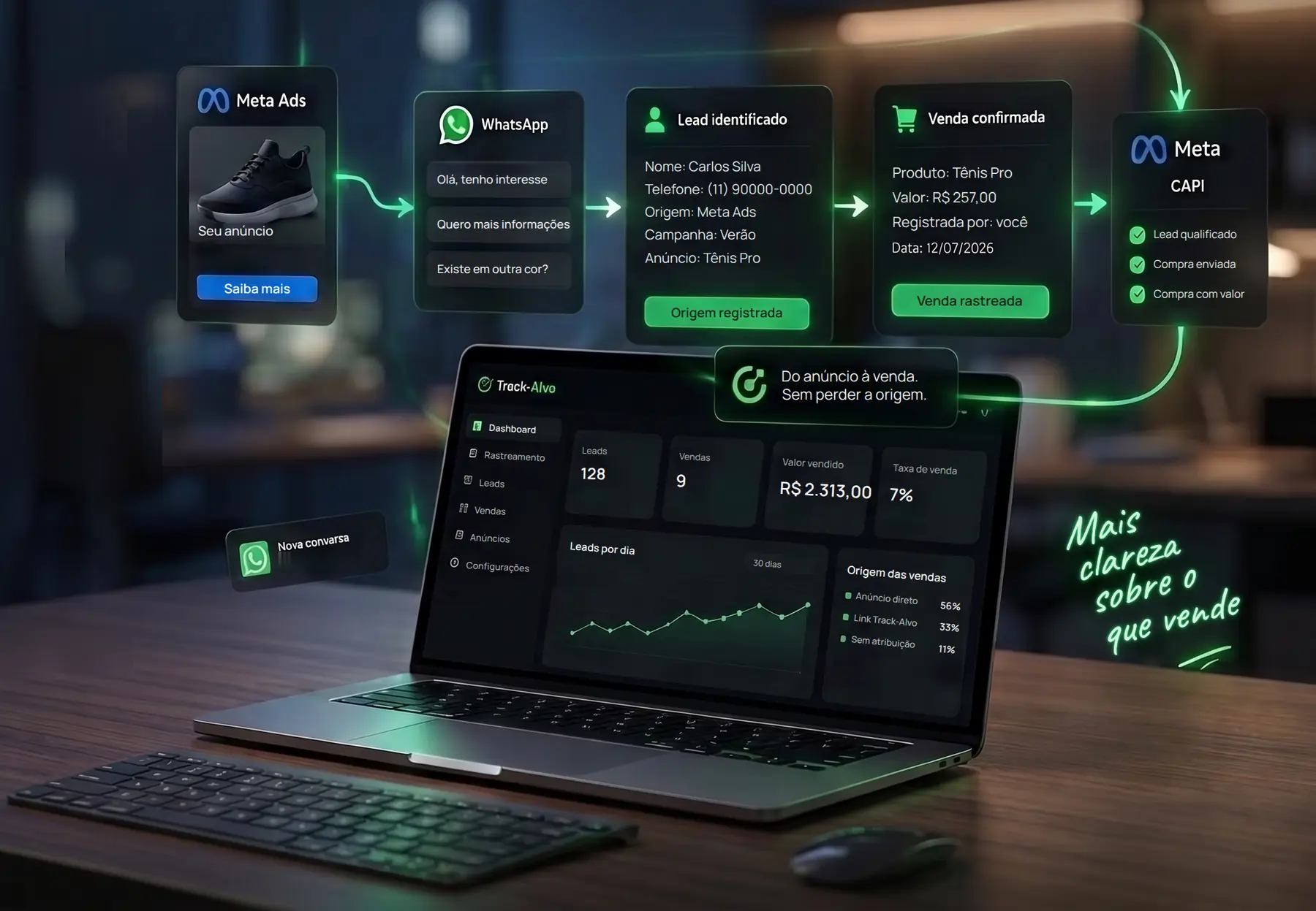 Anúncio na Meta, conversa no WhatsApp, lead identificado com a origem, venda registrada e sinal de volta para a Meta, com o painel do Track-Alvo aberto num laptop